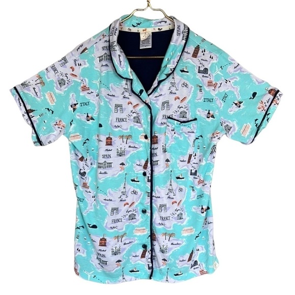 Munki Munki‎ European Travel Print Short Sleeve Front Button Down PJ Pajama Top - Picture 2 of 9
